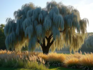 Weeping Atlas Cedar Drama - Wide angle shot of weeping Atlas cedar with cascading blue-gray branches, complemented by ornamental grasses catching golden light