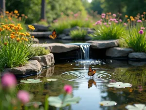 Wildlife Water Garden - Natural garden pond with native water plants and butterflies hovering over water, featuring a small rock waterfall and surrounded by native wildflowers, captured in morning light