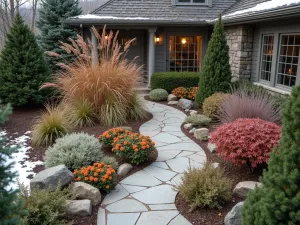 Winter Interest Focal Border - Aerial perspective of a winter garden featuring a structural Harry Lauder's Walking Stick as centerpiece, surrounded by ornamental grasses, winterberry holly, and evergreen heuchera