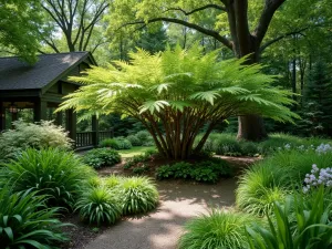 Woodland Edge Mixed Border - Wide-angle shot of a shade border centered around a majestic tree fern, complemented by hostas, Japanese forest grass, and flowering tiarella in dappled light