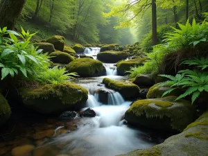 Woodland Stream Garden - Natural-looking woodland stream with multiple small waterfalls, surrounded by ferns, hostas, and moss-covered rocks, captured in dappled sunlight