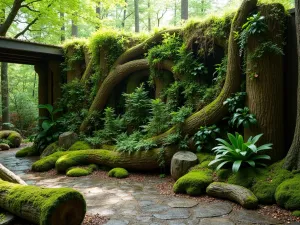 Woodland Vertical Garden - Natural-looking vertical installation featuring native shade-loving plants like ferns, hostas, and foam flowers, integrated with fallen logs and moss, shot in dappled light