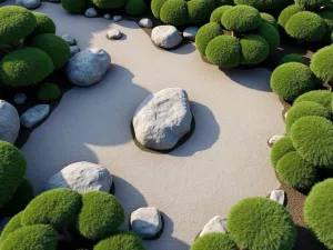 Zen Rock Garden Focus - Aerial view of a minimalist zen garden centerpiece with carefully raked gravel patterns around positioned granite boulders, bordered by cloud-pruned junipers