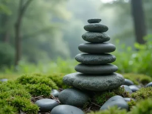 Zen Stone Cairn Garden Feature - Close-up view of an artistically balanced stone cairn surrounded by Japanese forest grass and moss, with a soft morning mist, creating a peaceful zen atmosphere