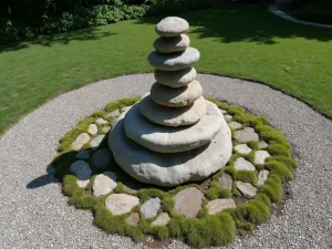 Zen Stone Stack - Aerial view of a carefully balanced natural stone stack sculpture surrounded by a circular pattern of raked gravel and moss gardens