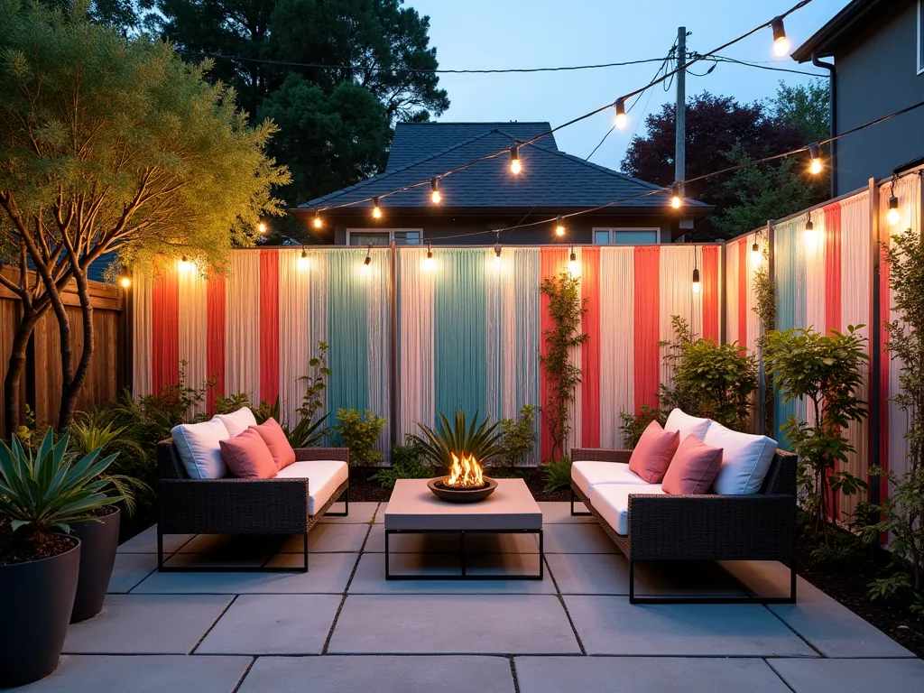 Artistic Chain Link Privacy Screen - A wide-angle dusk shot of a modern backyard featuring a transformed chain link fence, elegantly woven with alternating strips of turquoise, coral, and white weather-resistant fabric creating an artistic woven pattern. The fence serves as a stunning privacy screen, with soft evening light filtering through the colorful weaving. String lights draped above cast a warm glow, while potted plants and climbing vines at the base of the fence add natural elements. The contemporary design creates an eye-catching backdrop for a cozy outdoor seating area with modern patio furniture.