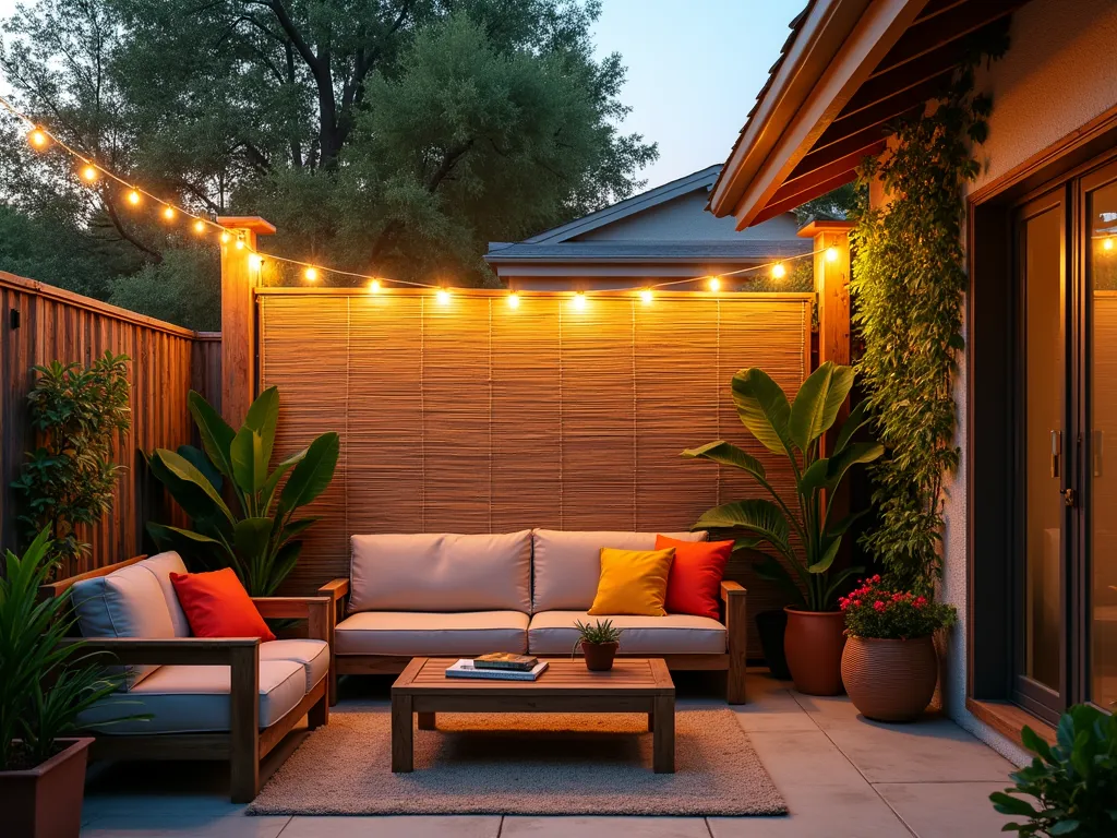 Tropical Bamboo Beach Mat Privacy Screen - A wide-angle twilight shot of a cozy backyard patio, featuring a natural bamboo beach mat screen elegantly suspended between wooden posts. The screen creates a semi-transparent partition, filtering the warm evening light. Small potted tropical plants line the base, including bird of paradise and palm fronds. String lights are delicately draped overhead, casting a warm glow on the rustic bamboo texture. A comfortable outdoor seating area with weathered teak furniture and colorful cushions sits in the foreground, emphasizing the casual, beach-inspired atmosphere. The partition seamlessly blends with climbing jasmine vines at its edges, creating a budget-friendly yet stylish privacy solution. Photorealistic, golden hour lighting, architectural photography.