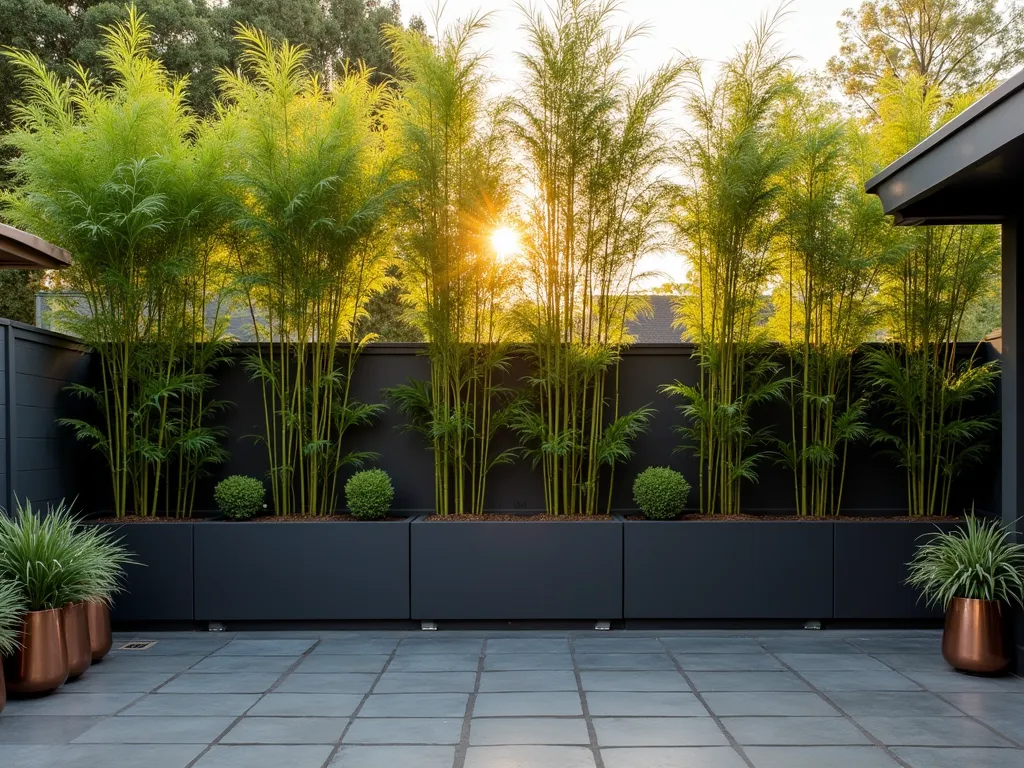 Elegant Bamboo Privacy Screen in Modern Garden - A serene late afternoon garden scene showcasing a stylish privacy screen created with large contemporary charcoal-colored planters arranged in a staggered line, filled with tall, graceful bamboo plants reaching 8 feet high. Golden sunlight filters through the swaying bamboo leaves, casting intricate shadows on a modern slate patio. The planters are complemented by lower ornamental grasses in copper-toned containers, creating a layered, natural barrier. Shot with a wide-angle perspective to capture the full scope of the partition, with the bamboo silhouetted against a soft, warm sky. The composition emphasizes the clean lines and architectural quality of the planted screen while maintaining a natural, organic feel. Photographed with shallow depth of field to create a dreamy, sophisticated atmosphere.