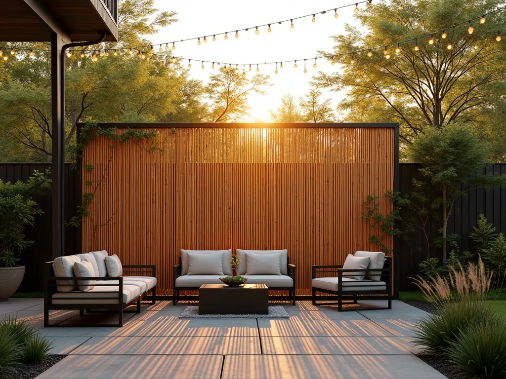 Elegant Bamboo Screen Garden Divider at Sunset - A serene garden scene at golden hour, featuring a stunning 8-foot tall natural bamboo screen divider creating a elegant partition between two garden spaces. The screen casts intricate shadows on a stone patio, with climbing jasmine beginning to weave through the bamboo slats. On one side, modern outdoor furniture creates an intimate seating area, while the other side showcases a zen garden with ornamental grasses. Warm sunset light filters through the bamboo creating a mesmerizing pattern, while string lights draped above add a magical ambiance. The bamboo screen is mounted between sleek black metal posts, demonstrating both its practical installation and aesthetic appeal. A few potted bamboo plants echo the screen material, creating visual harmony in the space. Photorealistic, high detail, atmospheric lighting, architectural composition.