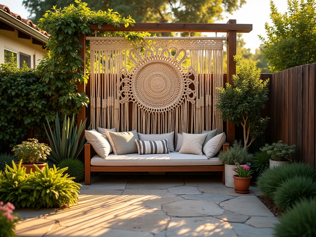 Elegant Bohemian Macramé Garden Screen - A stunning backyard garden scene at golden hour, featuring a handcrafted macramé screen partition made from thick natural rope suspended between two wooden posts. The intricate macramé pattern casts beautiful shadow patterns on a natural stone patio below. Behind the screen, lush green foliage and climbing jasmine intertwine with the rope design, while comfortable bohemian-style outdoor cushions and potted plants create an intimate seating area. Shot with a medium-wide perspective to capture both the detail of the macramé pattern and its integration into the garden space. The warm evening light enhances the texture of the rope and creates a cozy, intimate atmosphere. Photographed with a 16-35mm lens at f/2.8, ISO 400, creating a beautiful depth of field.