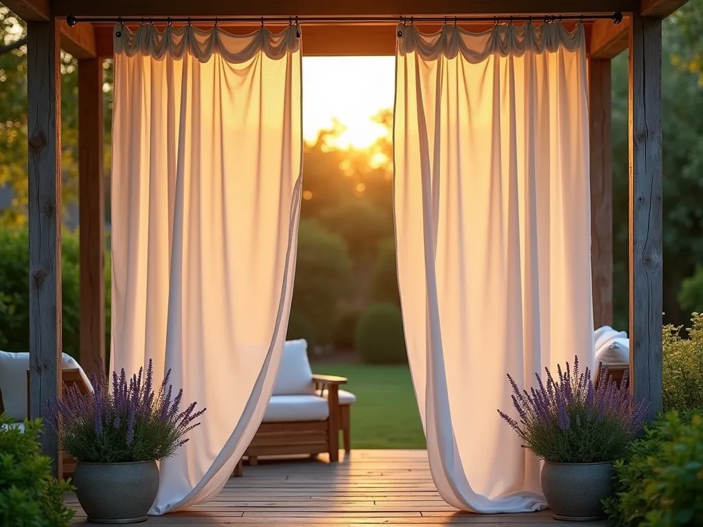 Canvas Drop Cloth Garden Curtains at Sunset - A serene evening garden scene showcasing elegant white canvas drop cloth curtains gently billowing between rustic wooden posts on a cozy patio. The warm golden sunset light filters through the semi-transparent fabric, creating a dreamy atmosphere. The curtains frame a comfortable outdoor seating area with weathered teak furniture and potted lavender plants. Shot with a wide-angle perspective at f/2.8, capturing the depth and dimension of the space while emphasizing the soft, natural texture of the canvas curtains. Metal curtain rings glint in the fading sunlight, and the fabric shows a subtle sheen from waterproofing treatment. The background reveals glimpses of a lush garden through the partially drawn curtains.