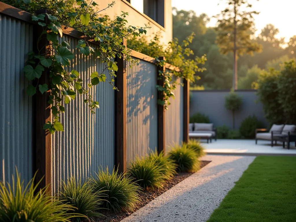 Modern Industrial Corrugated Metal Garden Screen with Climbing Vines - A stylish garden partition made of weathered corrugated metal panels mounted between dark wooden posts, photographed during golden hour. The industrial-modern screen features cascading jasmine vines partially covering the panels, creating an elegant contrast between metal and nature. The wide-angle shot captures the partition's full length, while soft evening sunlight casts interesting shadows through the climbing plants. The background shows a contemporary patio space with modern outdoor furniture, while the foreground features a gravel path lined with ornamental grasses. Shot with shallow depth of field highlighting the textural details of the corrugated metal and organic plant growth. High-end architectural photography style with perfect exposure and natural lighting.