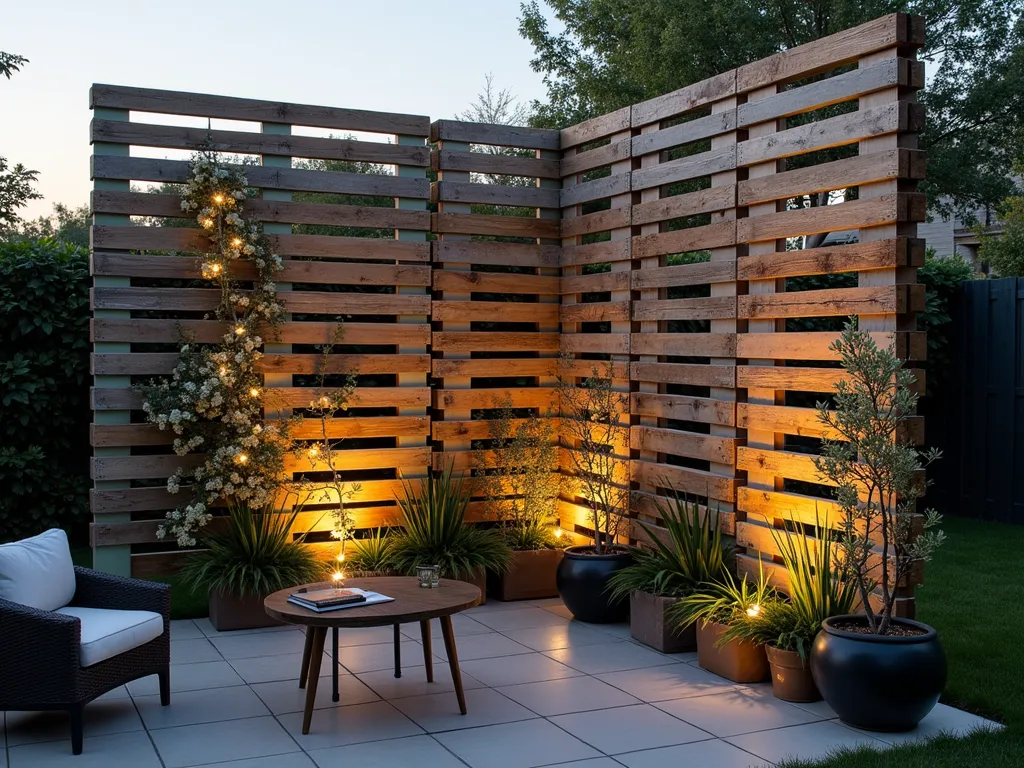 DIY Pallet Garden Partition Wall - A stunning twilight photograph of a modern backyard featuring a towering repurposed pallet partition wall, artfully arranged in a vertical pattern. The natural wood pallets are weathered to a silvery gray, with some sections painted in muted sage green, creating visual interest. Climbing jasmine and potted succulents are integrated into the wall's design, while warm LED string lights weave through the pallet gaps, casting magical shadows. The partition stands 7 feet tall, photographed at a slight angle to showcase its impressive scale and industrial-chic aesthetic. The foreground features a cozy seating area with modern outdoor furniture, while the background reveals glimpses of lush garden foliage through the pallet slats. Shot during golden hour with natural lighting highlighting the wooden texture and creating dramatic shadows.