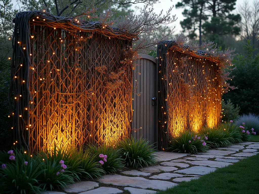 Enchanted Willow Privacy Screen - A magical twilight garden scene featuring an elegant living willow screen partition, artfully woven in a diamond pattern, stretching 8 feet tall. The willows, glowing softly in the golden hour light, create natural privacy between garden spaces. Young willow branches intertwine gracefully, with fresh spring growth emerging through the lattice structure. Shot from a 45-degree angle to showcase both the screen's texture and its integration into a cottage-style garden setting. Delicate fairy lights are wrapped around the base, casting gentle shadows, while climbing roses begin to intermingle with the willow structure. A rustic stone path leads alongside the living wall, with soft ornamental grasses swaying at its base.