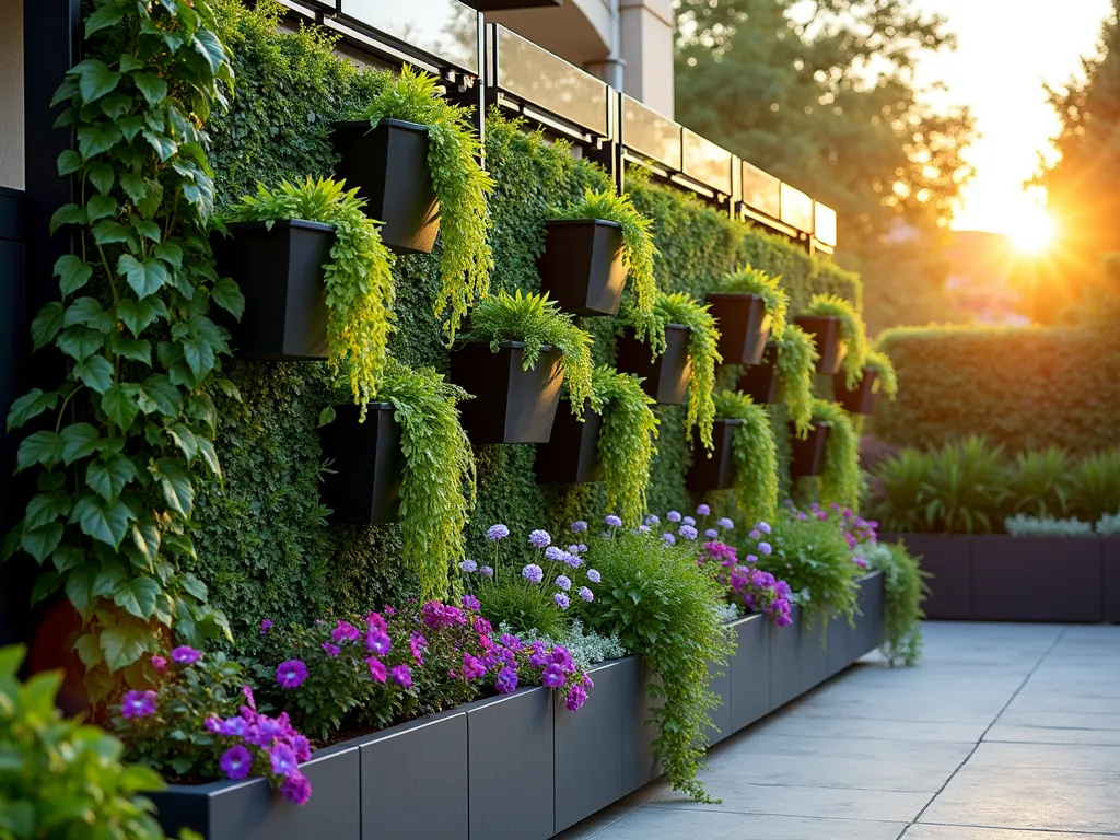 Living Wall Garden Partition at Sunset - A stunning outdoor living wall partition at golden hour, featuring a modern black metal frame structure with cascading levels of hanging planters. The partition is alive with lush trailing plants including purple wave petunias, silver falls dichondra, creeping jenny, and boston ferns creating a natural privacy screen. The golden sunlight filters through the foliage, casting intricate shadows on a contemporary patio space. Shot from a medium-wide angle to showcase both the vertical garden's detail and its context within the outdoor living space. Professional DSLR photography with precise depth of field highlighting both the delicate plant textures and overall structure, f/8, ISO 100, 1/125s