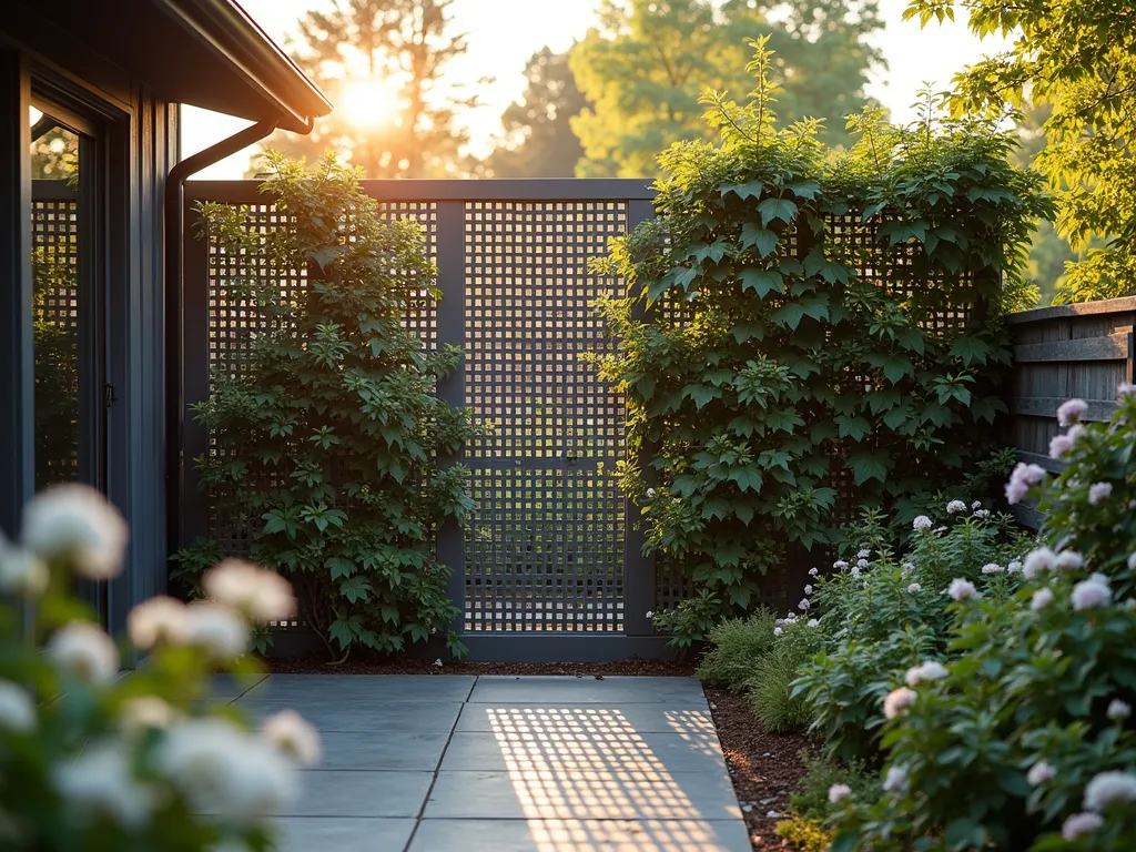 Modern Lattice Garden Screen with Climbing Plants - A stunning garden partition featuring a sleek wooden lattice panel painted in modern charcoal gray, photographed during golden hour. The 8-foot tall lattice screen is mounted between elegant cedar posts and adorned with blooming clematis and jasmine vines weaving through the geometric pattern. Soft evening light filters through the partially covered lattice, creating intricate shadows on a contemporary patio space. Captured in a wide-angle perspective showing the full partition integrating seamlessly with the landscape, while highlighting the architectural details of the lattice work and the organic beauty of the climbing plants. Shot with shallow depth of field emphasizing the texture of the wood and delicate flower blooms.