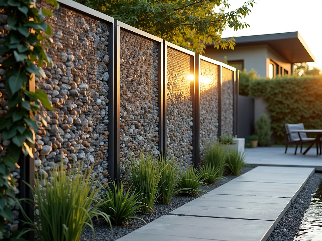 Modern Pebble Gabion Wall Garden Divider - A stunning close-up shot of a contemporary gabion wall at golden hour, featuring smooth river pebbles and natural stones contained within sleek metal wire mesh panels. The wall stands 6 feet tall, creating an elegant garden partition with varying shades of grey, brown, and white stones. Soft evening light filters through the semi-transparent structure, casting intricate shadows on a modern patio space. Ornamental grasses and trailing ivy soften the base of the wall, while modern outdoor furniture and minimalist planters complete the sophisticated outdoor setting. The perspective captures both the architectural detail of the wire mesh construction and the organic beauty of the carefully stacked stones.