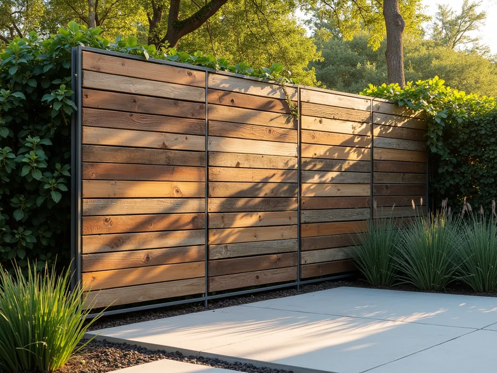 Modern Recycled Timber Garden Screen - A sophisticated garden partition created from reclaimed timber planks arranged horizontally between sleek metal posts, photographed during golden hour. The weathered wood pieces vary in natural tones, creating a stunning architectural feature in a contemporary garden setting. Ornamental grasses and climbing vines softly frame the screen, while dappled sunlight filters through, casting artistic shadows on a modern concrete patio below. Shot with a wide-angle lens to showcase the screen's integration with the surrounding landscape, featuring a shallow depth of field that highlights the natural wood grain texture. Professional DSLR capture at f/8, ISO 100, 1/125 sec.