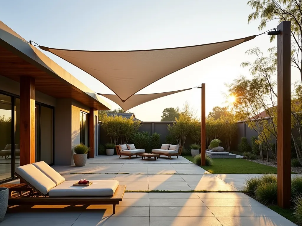 Modern Sail Shade Garden Partition - A serene modern backyard at golden hour, featuring an elegant triangular sail shade in crisp white suspended between sleek timber posts. The sail casts gentle shadows across a contemporary patio space, dividing a lounging area from a zen garden. Natural light filters through the sail, creating a soft, dappled effect on the light grey stone pavers below. In the background, ornamental grasses and bamboo sway gently, while modern outdoor furniture in muted tones complements the design. Shot with a wide-angle lens capturing the entire composition, with special attention to the interplay of light and shadow. The fabric billows slightly in the breeze, adding dynamic movement to the scene.