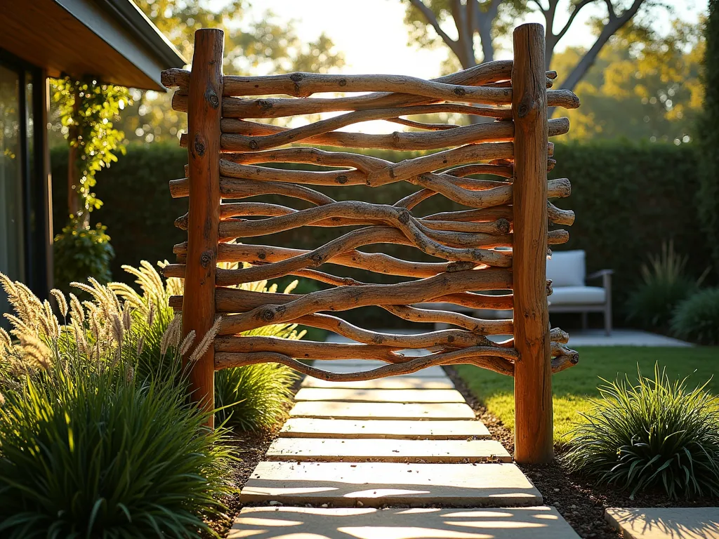 Natural Branch Privacy Screen at Sunset - A stunning DSLR wide-angle shot of a modern garden featuring a artistic privacy screen made from mounted natural branches and weathered driftwood. The screen spans 8 feet between two sleek wooden posts, creating a sculptural partition. The branches, varying in size and texture, are artfully arranged in a horizontal pattern, casting intricate shadows on the garden path below. Golden evening sunlight filters through the gaps between the branches, creating a magical interplay of light and shadow. The background shows a cozy patio area with potted ferns and climbing jasmine, while the foreground features a natural stone pathway lined with ornamental grasses. The composition captures the organic beauty and functionality of this DIY garden feature, shot at f/8 with natural lighting highlighting the rich textures of the wood.