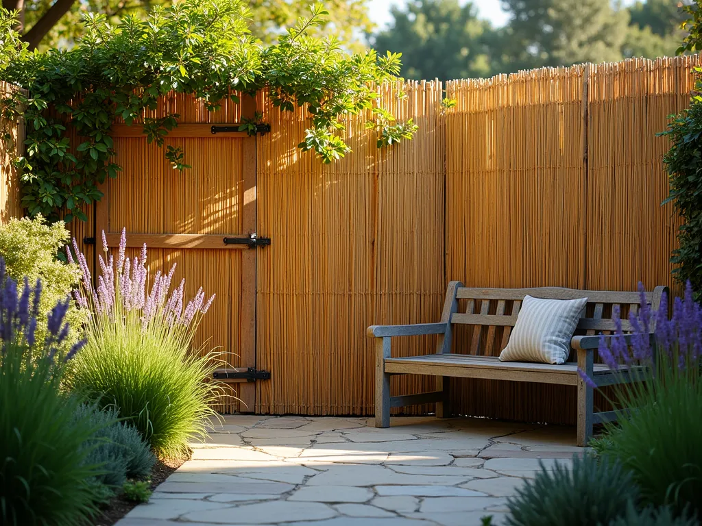 Natural Reed Screen Garden Partition - A serene late-afternoon garden scene featuring an elegant natural reed screen partition, photographed with a wide-angle lens. The 6-foot-tall bamboo reed fencing creates a sophisticated privacy barrier, naturally weathered to a warm honey tone. The screen partially divides a cozy garden patio space, with dappled sunlight filtering through, casting intricate shadows on a stone pathway. Climbing jasmine vines weave through the top portion of the screen, while ornamental grasses sway gently at its base. A rustic wooden bench sits alongside, creating an intimate seating area. The background shows soft-focus plantings of lavender and sage, with golden hour sunlight illuminating the scene. Professional DSLR capture with perfect exposure highlighting the natural texture of the reed material.