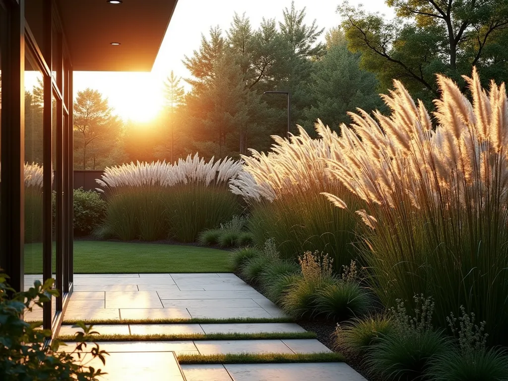 Ornamental Grass Privacy Screen at Sunset - A stunning wide-angle view of a modern backyard featuring a natural privacy screen created by towering Miscanthus and Pampas grasses planted in a graceful line, their silvery plumes swaying gently in the evening breeze. The warm golden sunset light filters through the tall grass stems, creating dramatic shadows on a contemporary patio space. The grasses, reaching heights of 8-10 feet, form a soft, flowing partition that separates distinct garden zones while maintaining an organic, naturalistic feel. In the foreground, shorter ornamental grasses provide texture and movement, while the background shows the feathery grass screen glowing ethereally in the dusk light, photorealistic style, 8k resolution.