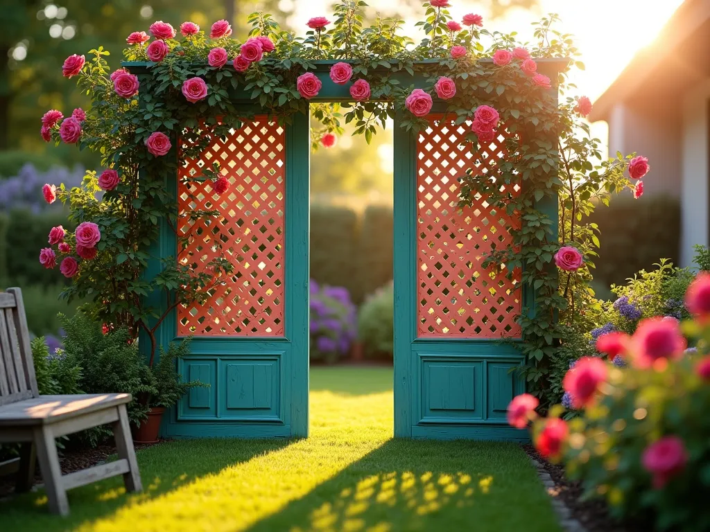 Colorful Trellis Garden Divider with Climbing Roses - A stunning garden scene at golden hour featuring a tall wooden trellis painted in vibrant teal and coral colors, serving as a stylish partition between garden spaces. The trellis is adorned with climbing pink roses and purple clematis in full bloom, creating a natural privacy screen. The warm sunlight filters through the lattice pattern, casting artistic shadows on a well-maintained lawn. A cozy seating area with weathered wooden furniture is visible on one side, while the other side showcases a thriving cottage garden. The scene is captured from a diagonal angle to showcase both the painted trellis's dimension and its effectiveness as a garden divider. Soft bokeh effect in background, photorealistic, high-end garden design, architectural detail.