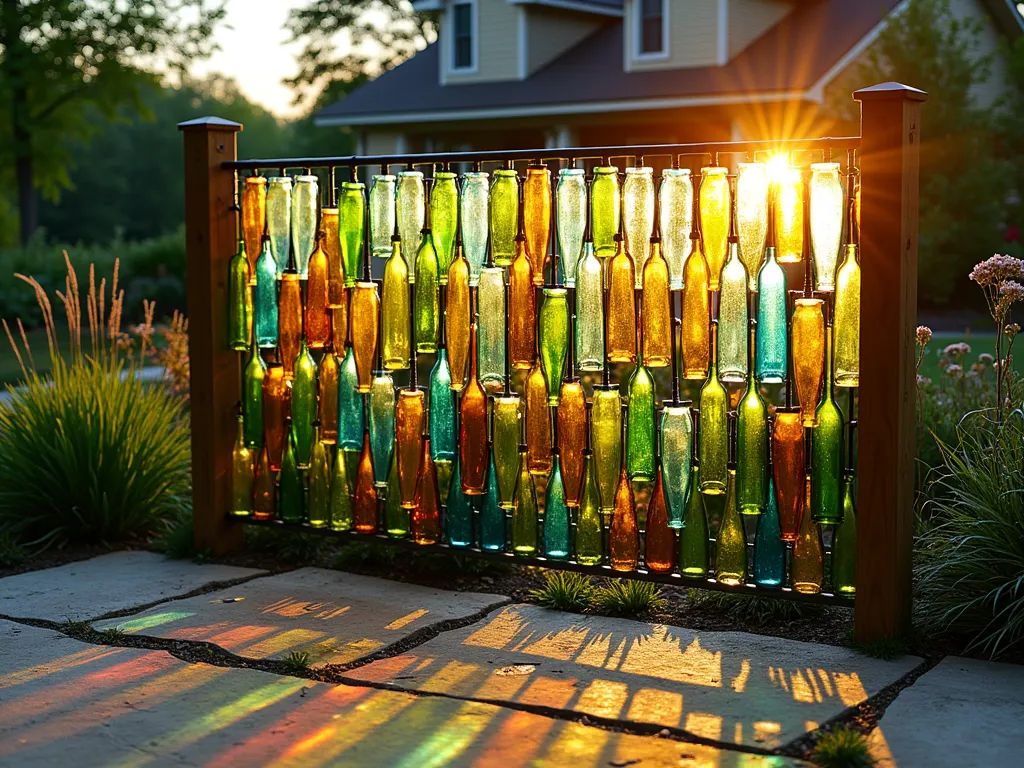 Sunset Glass Bottle Garden Screen - A stunning garden partition made from recycled colored glass bottles in blues, greens, and ambers, arranged horizontally on steel rods between wooden posts. The partition is photographed during golden hour, with the setting sun streaming through the bottles creating magical rainbow light patterns on a natural stone patio. Behind the screen, lush ornamental grasses and flowering perennials add depth and texture. Shot with a wide-angle perspective to capture the full 8-foot length of the artistic screen, with the camera positioned to capture both the intricate bottle details and the ethereal light effects cast on the surrounding garden space. The bottles appear to glow from within as the sunlight filters through them, creating a mesmerizing mosaic effect.