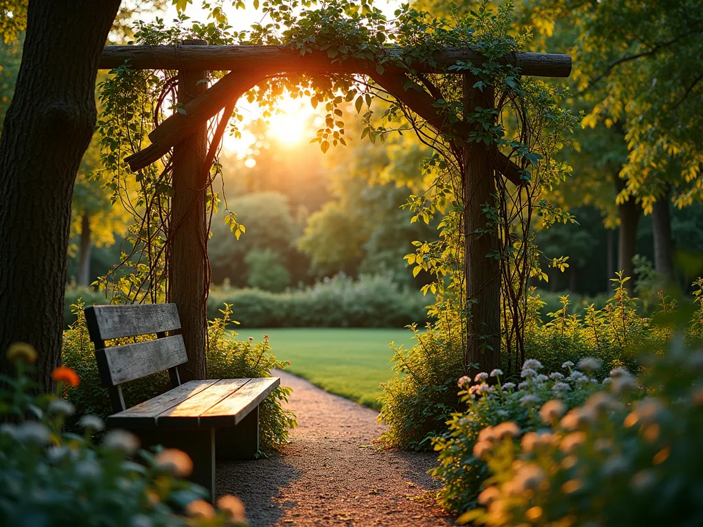 Rustic Branch Garden Screen at Sunset - A stunning garden screen made from intertwined fallen branches between wooden posts, photographed during golden hour. The natural woodland partition is beautifully illuminated by warm sunset light filtering through the gaps. Climbing jasmine and virginia creeper weave through the branches, creating a living wall effect. The screen casts intricate shadows on a peaceful garden path below. Shot from a 45-degree angle to showcase both depth and height, with a shallow depth of field highlighting the organic textures of bark and leaves. A weathered wooden bench sits nearby, while cottage garden perennials soften the base. Captured with a professional digital camera, 16-35mm lens at f/2.8, ISO 400, creating a dreamy bokeh effect in the background garden space.