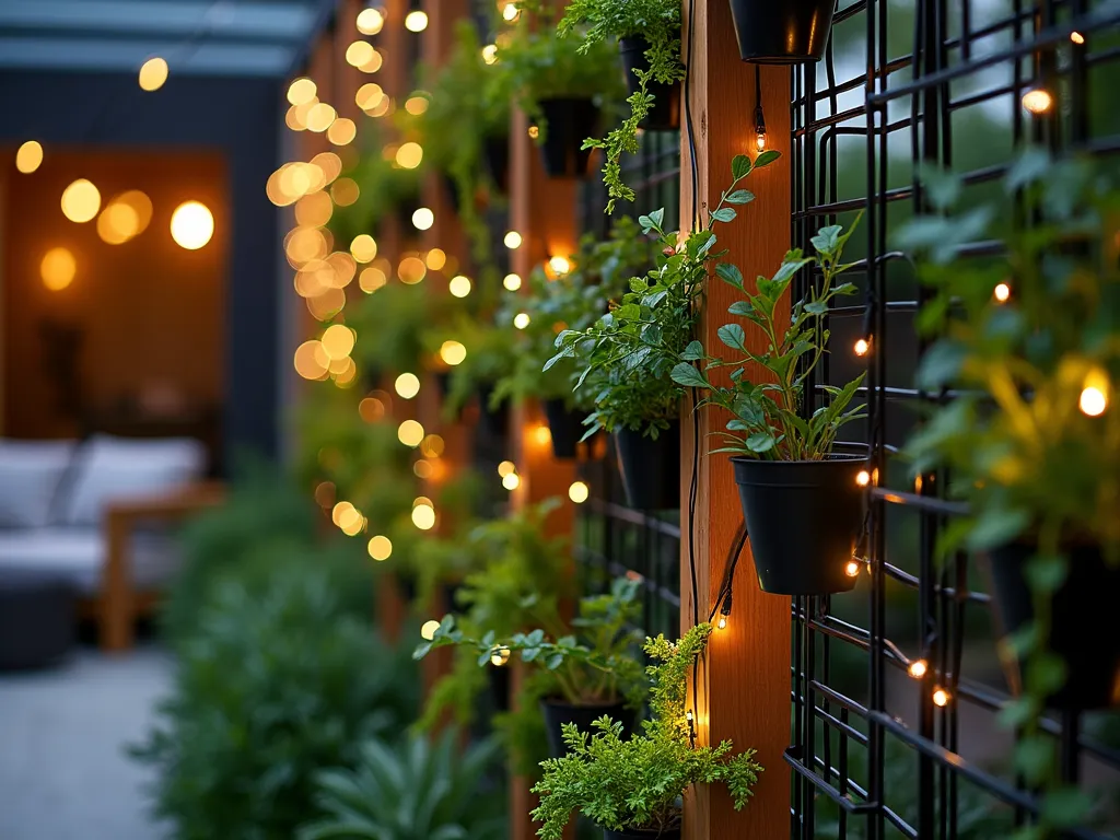 Modern Steel Grid Living Wall with Potted Plants - A close-up view of a sleek, black steel grid panel mounted between wooden posts at dusk, creating an elegant garden partition. The grid is adorned with various small potted plants including cascading pothos, trailing ivy, and compact ferns arranged in a creative pattern. Warm LED string lights weave through the grid, casting a gentle glow on the foliage. The modern design creates depth and texture against a blurred background of a cozy patio space, with comfortable seating visible behind. The plants are lush and vibrant, with some tendrils naturally wrapping around the steel framework, photographed with shallow depth of field to highlight the living wall's intricate details.