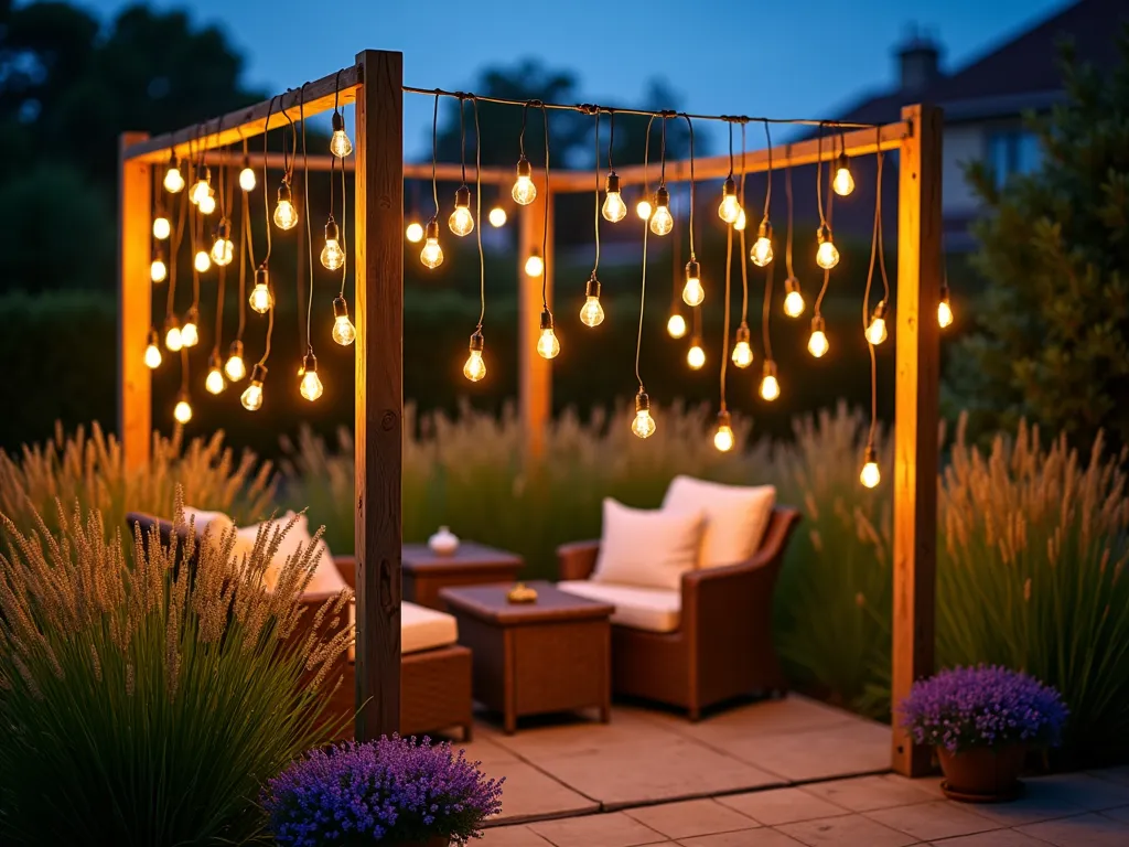 Enchanted String Light Garden Partition - A twilight garden scene featuring an elegant string light wall partition. Two wooden posts, 8 feet tall, anchor multiple strands of warm white Edison bulb string lights cascading vertically, creating a luminous wall effect. The lights gently illuminate a cozy patio seating area with rattan furniture. In the background, ornamental grasses sway softly, while potted lavender plants line the base of the light wall. Shot with shallow depth of field capturing the ethereal bokeh effect of the lights against the deep blue dusk sky. The composition shows the entire height of the partition while maintaining intimate detail of the individual bulbs and their warm glow reflecting off nearby surfaces.