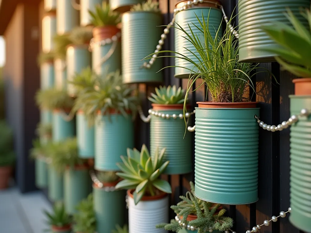 Upcycled Tin Can Garden Wall - A stunning close-up shot of a modern DIY garden partition made from upcycled tin cans, captured during golden hour. The partition features a geometric pattern of painted mint green, sage, and white tin cans mounted on a dark wooden frame. Each can contains thriving succulents, air plants, and trailing string of pearls, creating a living mosaic effect. Soft evening sunlight filters through the gaps between the cans, casting intricate shadows on a contemporary patio space. The partition stands 6 feet tall, with the metallic surfaces of the cans reflecting the warm sunset glow. Shot with shallow depth of field highlighting the textural details of the plants and painted metal surfaces. DSLR camera, wide-angle lens, f/8, ISO 100, 1/125s, natural lighting.