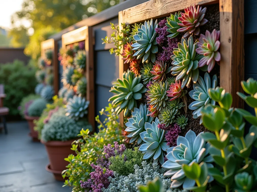 Vertical Succulent Garden Partition - A stunning outdoor garden partition made from reclaimed wooden frames mounted vertically, filled with a vibrant array of colorful succulents in various sizes and textures. The living wall features Echeveria rosettes in blues and pinks, trailing Sedum, spiky Haworthia, and purple Aeonium arranged in an artistic pattern. The partition is photographed during golden hour, with warm sunlight filtering through, creating dramatic shadows and highlighting the fleshy leaves of the succulents. The frame structure is mounted between a cozy patio seating area and a garden path, serving as a natural privacy screen. Close-up perspective captures the intricate details of the succulents while showing the DIY nature of the recycled frame construction.