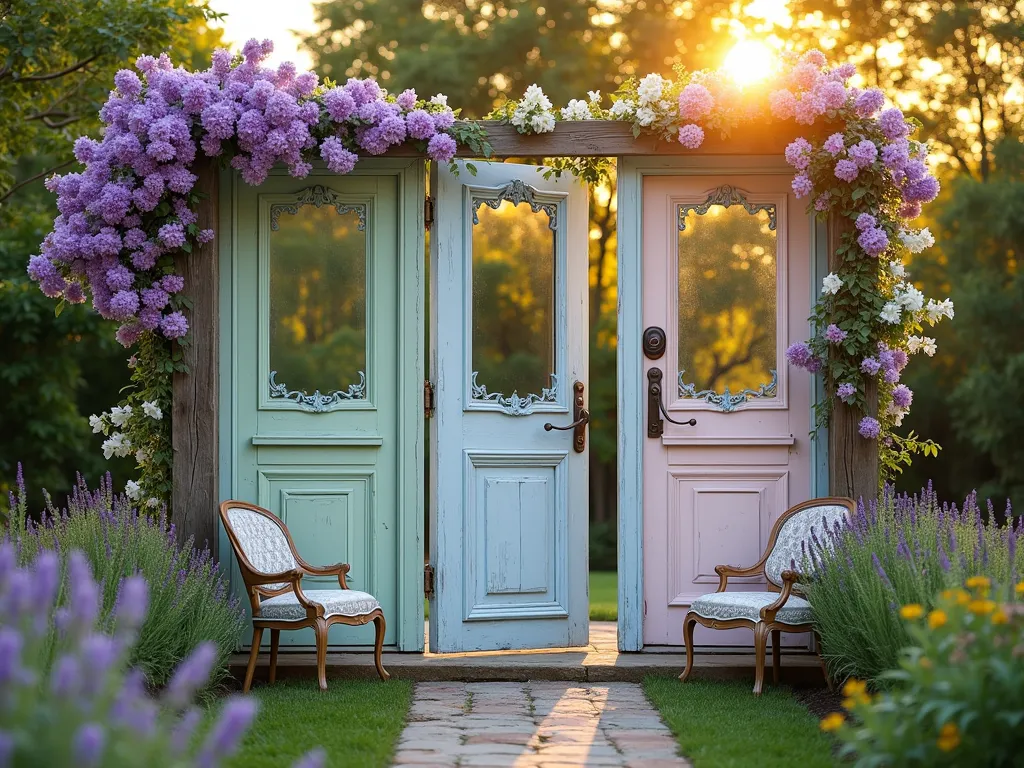 Vintage Door Garden Partition at Sunset - A rustic garden partition made from three reclaimed vintage doors in soft pastel colors - mint green, faded blue, and blush pink - arranged between weathered wooden posts. The doors are artfully distressed and feature ornate antique mirrors. Purple clematis and white jasmine vines gracefully climb the doors, with the setting sun casting long shadows and warm golden light through their foliage. The partition separates a cozy seating area with vintage furniture from a cottage-style garden bed filled with lavender and roses. Shot from a wide angle to showcase the full partition installation in a backyard setting, with soft bokeh effects in the background.