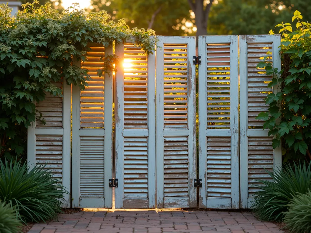 Vintage Shutter Garden Screen at Sunset - A charming garden partition made from repurposed wooden shutters arranged in a zigzag pattern, photographed during golden hour. The weathered shutters feature subtle variations of faded blues and creams, creating an elegant privacy screen against a lush garden backdrop. Climbing jasmine weaves through the slats, while the setting sun casts dramatic shadows through the adjustable louvers onto a rustic brick patio. Shot with a wide-angle lens capturing the entire 8-foot screen, with selective focus highlighting the distressed paint and vintage hardware. Natural golden lighting emphasizes the texture of the wood and creates a warm, intimate atmosphere in the garden space.