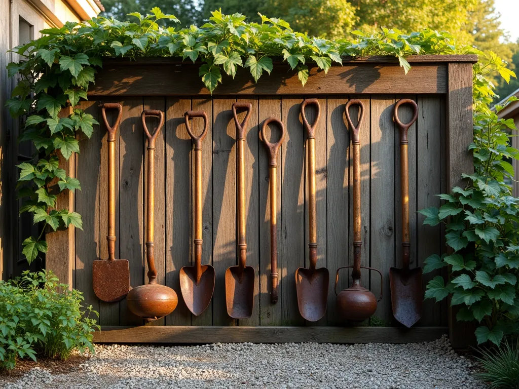 Rustic Garden Tool Screen Partition - A rustic garden partition made from antique garden tools artfully arranged on a weathered wooden frame, photographed during golden hour. The screen features vintage rake heads, spades, hand trowels, and watering cans arranged in a deliberate pattern, creating dappled shadows on a gravel path below. Behind the screen, climbing jasmine weaves through the tools, adding organic softness to the industrial elements. The partition stands 6 feet tall and is captured from a 45-degree angle to show both depth and detail, with warm evening sunlight filtering through the gaps between tools. Shot with shallow depth of field to highlight the textural details of rust patina and aged wood. DSLR, f/8, ISO 100, 1/125s.