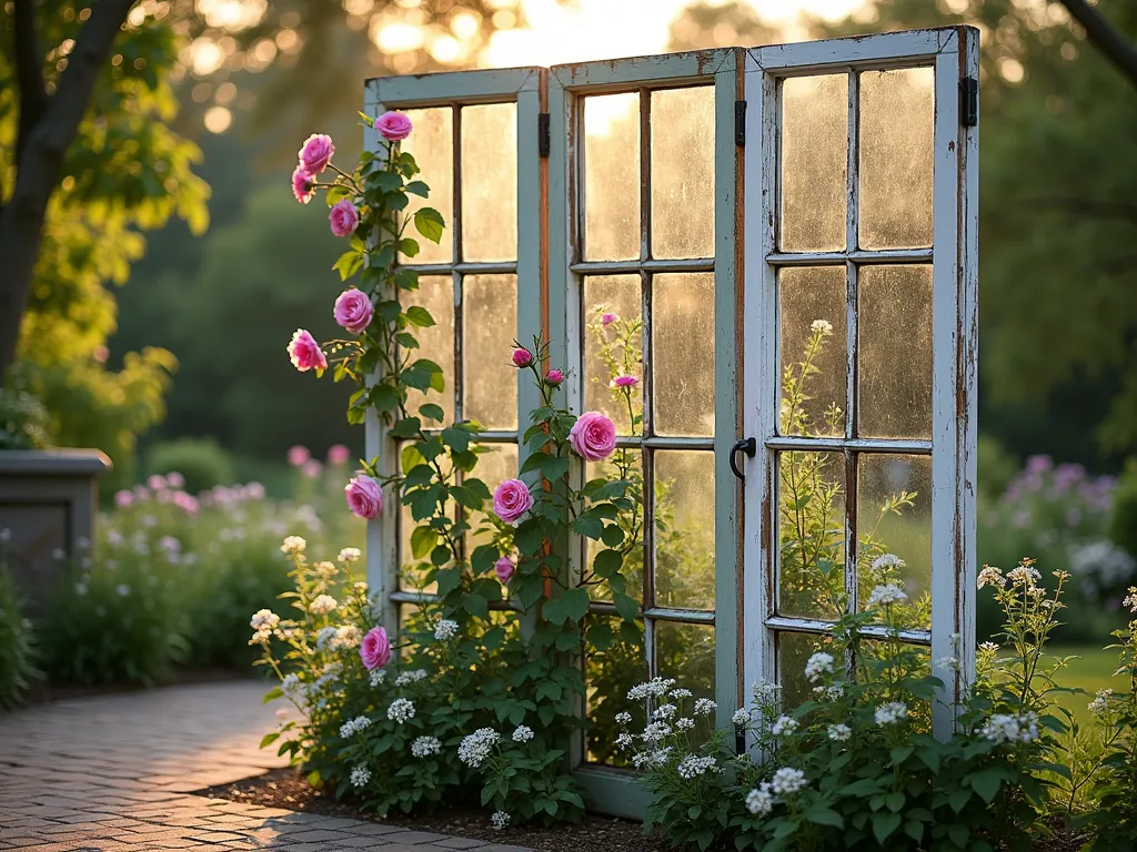 Vintage Window Frame Garden Screen with Climbing Roses - A stunning garden partition made from salvaged vintage window frames photographed during golden hour. Multiple weathered white and sage-colored window frames are artfully connected in a zigzag pattern, creating a 6-foot-tall screen. Climbing pink David Austin roses and delicate white clematis weave through the frames, with some blooms peeking through the original glass panes. Soft evening light filters through the windows, casting intricate shadows on a rustic brick patio. Shot at f/2.8 with shallow depth of field, focusing on the weathered wood texture and blooming flowers, with a blurred cottage garden background. Wide-angle perspective showcasing the full partition installation with natural garden bokeh.