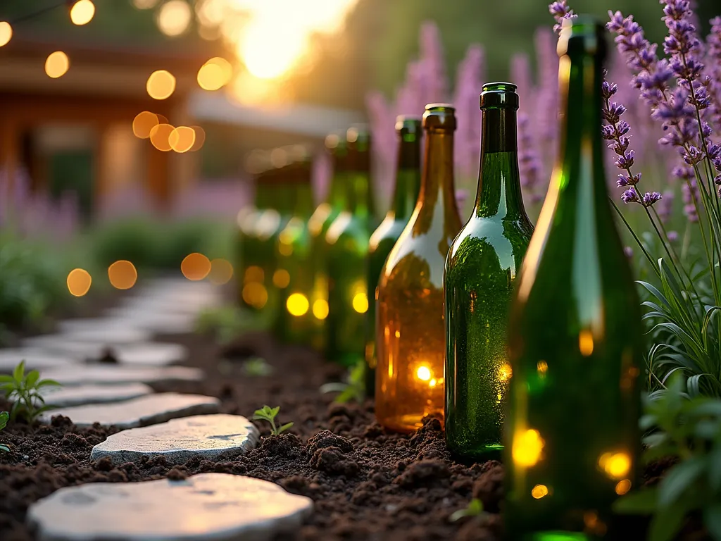 Wine Bottle Garden Border at Sunset - Close-up perspective of an elegant curved garden border made from emerald green and amber wine bottles buried neck-down in rich soil, creating a stunning translucent barrier between a flowering perennial garden and a stone pathway. The setting sun casts magical golden light through the bottles, creating mesmerizing light patterns on the ground. Lavender and ornamental grasses sway gently behind the bottle border, while small solar lights illuminate the bottles from within. The background shows a cozy patio space with string lights, creating a dreamy bokeh effect. Photorealistic, high detail, soft evening lighting, magical garden atmosphere.