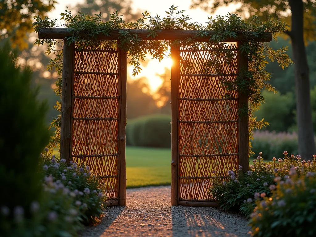 Natural Woven Garden Screen - A beautiful dusk scene of a rustic garden partition made from woven willow branches between wooden posts, creating an elegant natural screen. The partition separates a cozy seating area with climbing jasmine beginning to intertwine with the weave. Soft golden hour lighting filters through the gaps in the woven pattern, casting intricate shadows on a gravel path below. Shot at f/2.8 with shallow depth of field, focusing on the detailed texture of the weaving pattern while the background garden remains dreamily blurred. The warm evening light emphasizes the rich browns and ambers of the natural materials.