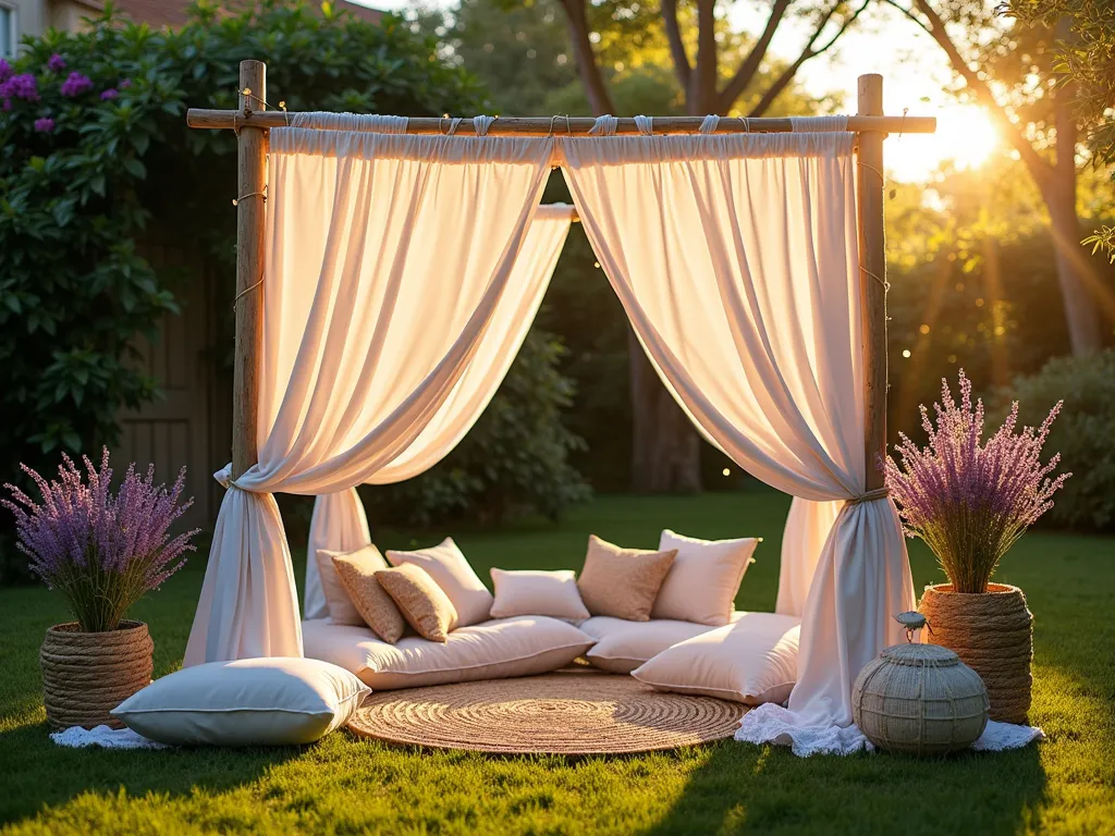 Bohemian Bedsheet Garden Tent - A dreamy garden scene at golden hour, featuring a DIY bohemian-style tent made from flowing white bedsheets draped elegantly between wooden poles. The tent is adorned with delicate fairy lights and creates gentle shadows on a lush lawn. Natural rope ties secure the fabric in graceful swoops, while scattered floor cushions and woven rugs beneath create an inviting seating area. The tent is backdropped by climbing jasmine and potted lavender, with soft evening light filtering through the semi-transparent fabric. Shot with a wide-angle lens to capture the entire magical setting, with the tent as the focal point. High-quality DSLR photography with perfect depth of field showing crisp details of the fabric texture and garden elements. 8K resolution, photorealistic.