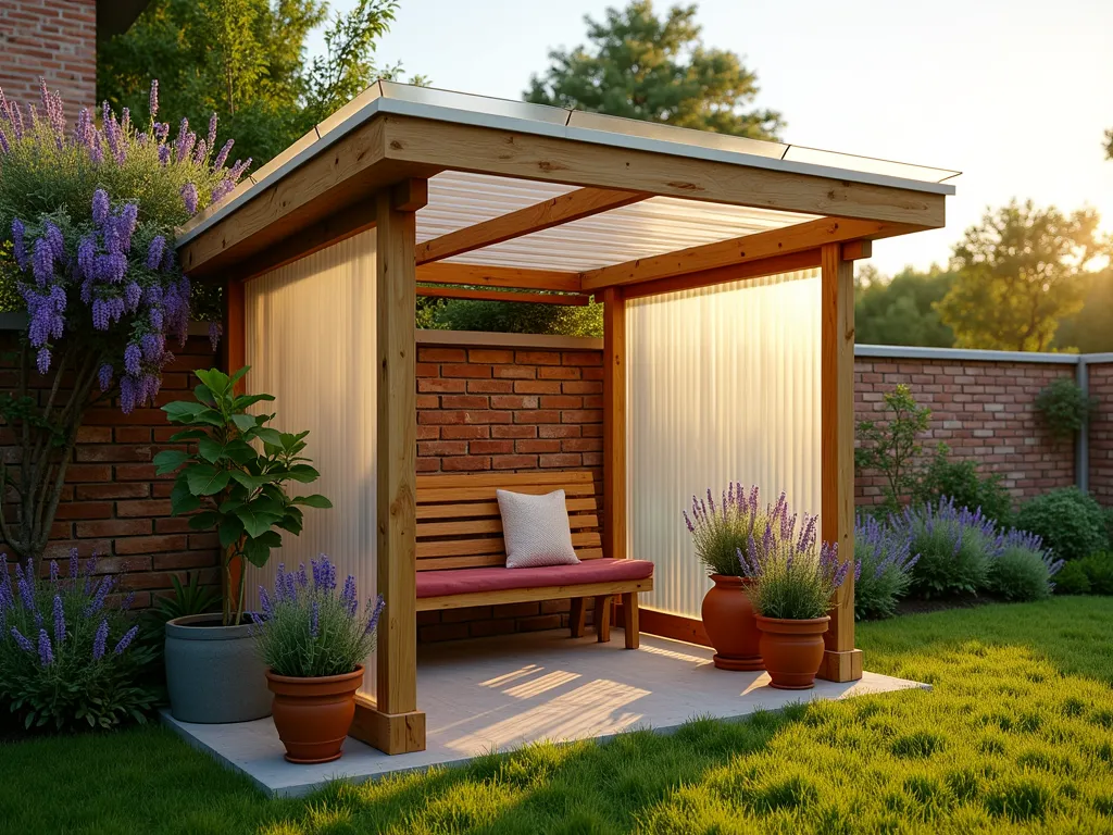 Sunlit Corrugated Plastic Garden Lean-to - A serene wide-angle DSLR photo of a modern DIY garden lean-to shelter during golden hour. The structure features translucent corrugated plastic panels mounted on a simple cedar wood frame, attached to a rustic brick wall. Natural sunlight filters through the plastic roofing, creating gentle shadows on a wooden bench below. The shelter houses neatly arranged garden tools and terra cotta pots. A climbing jasmine decorates one corner, while potted lavender plants line the entrance. The composition captures the shelter's practical yet aesthetically pleasing design, with soft evening light highlighting the structure's clean lines and affordable materials. Shot at f/8 for optimal depth of field, showcasing both architectural detail and garden elements.