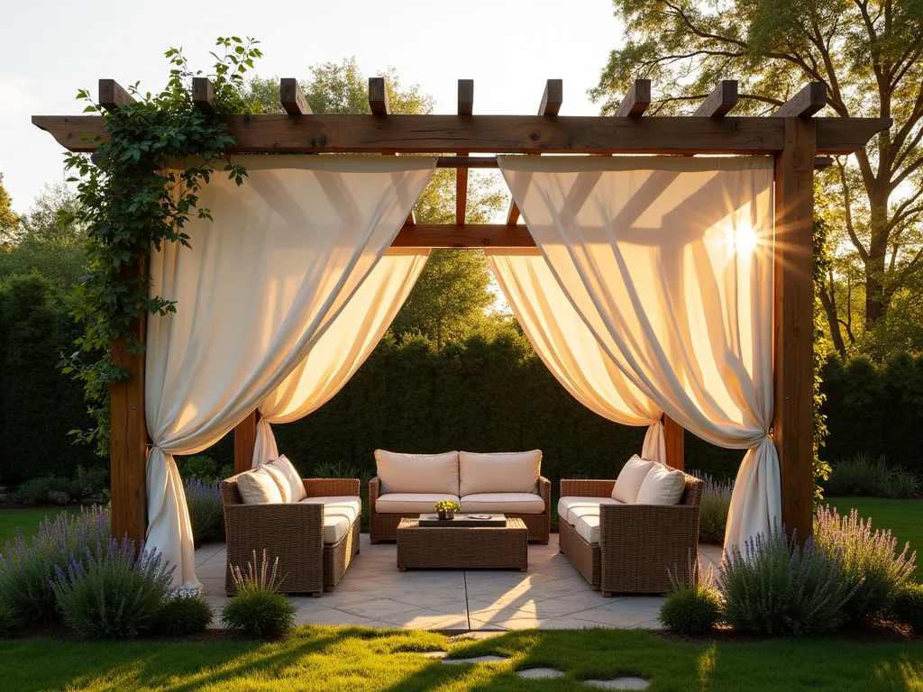 DIY Canvas Pergola Paradise - A serene backyard scene at golden hour featuring a DIY wooden pergola draped with flowing white canvas sheets creating dappled shade patterns on a rustic patio below. The pergola frame is constructed from weathered cedar posts and beams, with the canvas sheets elegantly billowing in a gentle breeze. Natural sunlight filters through the fabric, casting soft shadows across comfortable outdoor furniture beneath. The surrounding garden features lavender borders and climbing jasmine beginning to wind up the pergola posts. Shot from a wide angle to capture the entire structure, with the warm evening light creating a dreamy, peaceful atmosphere. Professional DSLR photo with pristine clarity and perfect exposure, f/8, ISO 100, 1/125 sec.