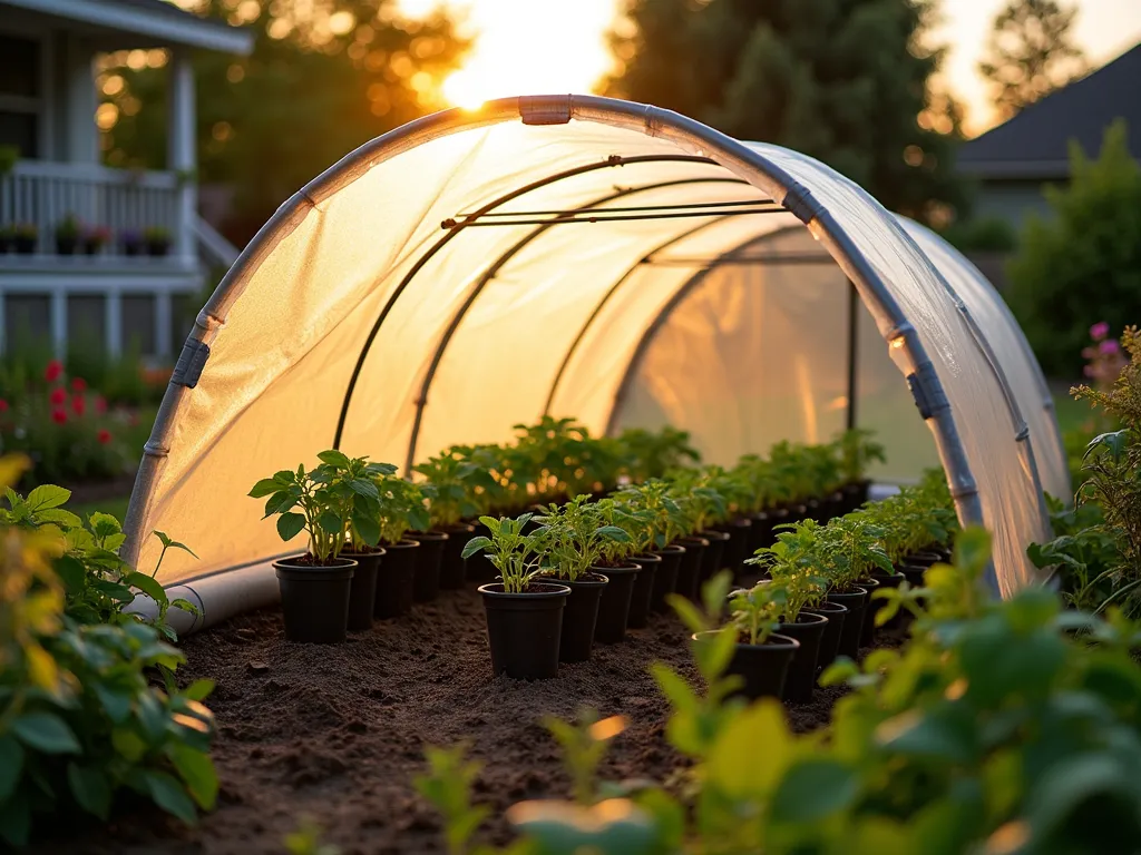 DIY Garden Polytunnel at Sunset - A professional DSLR wide-angle photograph of a well-organized backyard garden featuring a DIY polytunnel made from curved PVC pipes and clear plastic sheeting, captured during golden hour. The 12-foot long structure houses neat rows of vegetable seedlings and potted plants. Warm sunset light filters through the translucent covering, creating a ethereal glow. The polytunnel is surrounded by a natural garden setting with flowering borders. The composition shows both the entire structure and details of the simple but effective construction method, with the backdrop of a cozy suburban garden. Shot at f/8 with perfect depth of field, highlighting both the structure's practical design and its integration into the garden landscape.