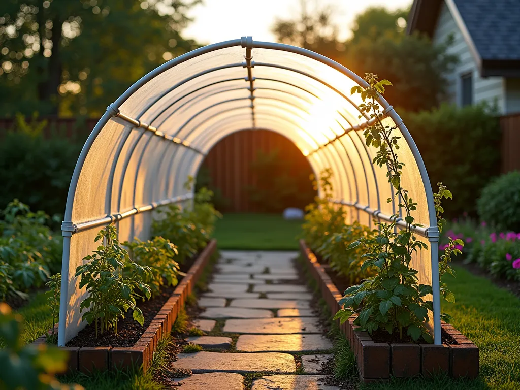 DIY Garden Tunnel with Greenhouse Sheet - A serene evening garden scene featuring a 12-foot curved tunnel walkway made from white PVC pipes and transparent greenhouse sheeting, creating a protected growing space. The tunnel is elegantly arched over a stone path, with climbing vegetables and flowering vines beginning to grow along the sides. Soft golden hour lighting filters through the clear sheeting, casting gentle shadows on the ground. Young tomato plants and seedlings line the interior, while cottage-style flower beds frame the entrance. The tunnel is set against a backdrop of a cozy suburban garden, with natural wood fencing and mature shrubs in the background. The wide-angle perspective showcases the entire structure while highlighting its practical yet aesthetically pleasing design, photographed during sunset for warm, inviting ambiance.