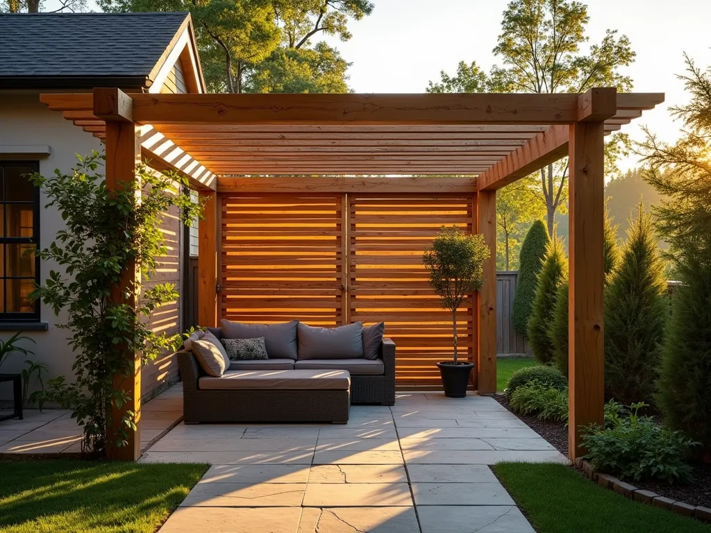 DIY Pallet Wood Sun Screen in Modern Garden - A serene early evening garden scene featuring a stylish DIY slatted sun screen made from weathered pallet wood, photographed at golden hour. The screen stands 7 feet tall between robust cedar posts, with horizontal slats creating rhythmic shadow patterns on a stone patio below. The natural wood is finished with a warm cedar-toned stain, while climbing jasmine begins to wind its way up one corner. Soft golden sunlight filters through the slats, creating dramatic light and shadow interplay. Shot with a wide-angle perspective at f/2.8, capturing both the architectural detail of the screen and the surrounding garden context, including comfortable outdoor furniture and potted plants. Photographic style: architectural, modern rustic, with dramatic natural lighting.