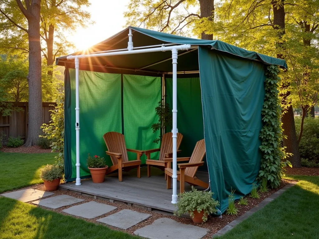 DIY PVC and Tarp Garden Shelter - A rustic garden scene at golden hour featuring a DIY shelter made from white PVC pipes and a forest green heavy-duty tarp. The 8x10 foot structure stands elegantly over a casual seating area with weathered wooden chairs and potted plants. Sunlight filters through nearby maple trees, casting dappled shadows on the tarp. The shelter is photographed from a wide angle, showing its integration with the surrounding garden landscape. Natural stone pavers lead up to the shelter, while climbing jasmine begins to wind around the base of the PVC frame. The structure's simple yet effective design is highlighted by the warm evening light, demonstrating its practical appeal as a budget-friendly garden solution.