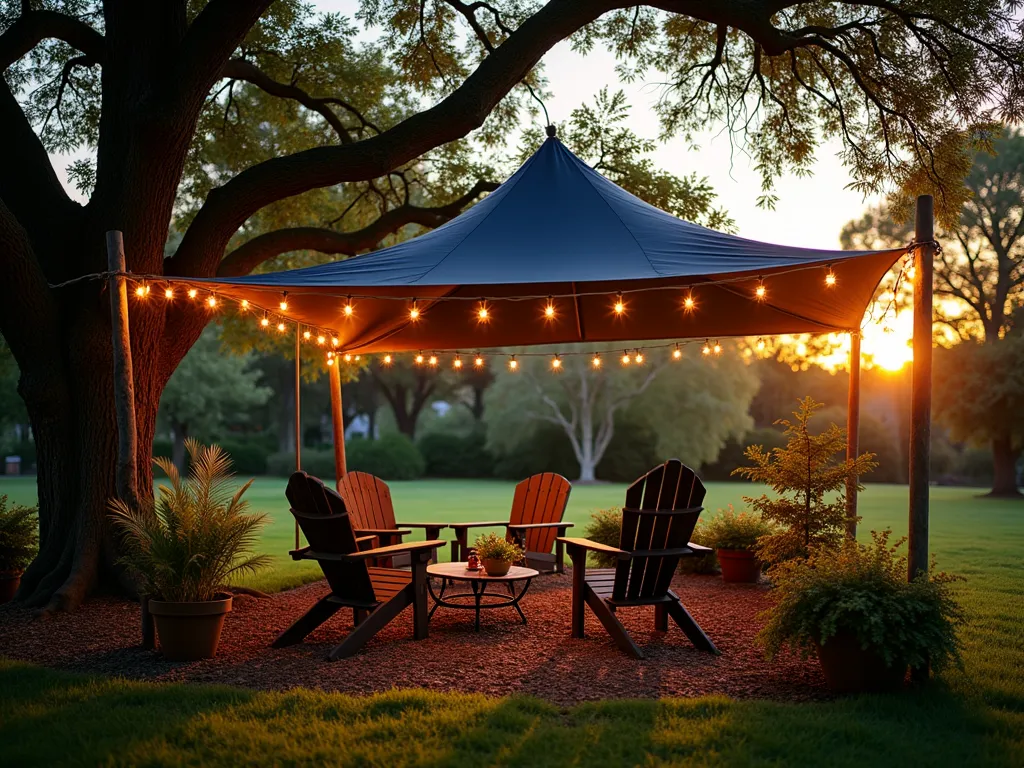 DIY Rope and Tarp Garden Shelter - A serene twilight garden scene capturing a rustic DIY tarp shelter, photographed with a wide-angle lens. The shelter features a navy-blue heavy-duty tarp elegantly draped over thick nautical rope strung between two mature oak trees. Warm solar-powered string lights weave along the rope, creating a cozy ambiance. The shelter protects a casual seating area with weathered Adirondack chairs and potted ferns. Golden hour sunlight filters through the trees, casting dappled shadows on the mulched ground below. The shelter's grommets are visible and properly secured, demonstrating practical functionality. A gentle breeze lifts the tarp's edges slightly, showing its adaptable nature. Professional DSLR photo with pristine clarity, natural lighting, and perfect depth of field. Shot at f/8, ISO 100, 1/125 sec.