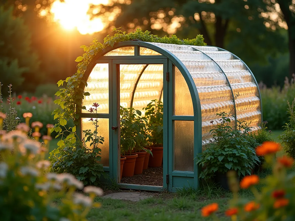 Eco-Friendly Plastic Bottle Greenhouse - A charming DIY greenhouse constructed from hundreds of clear plastic bottles, photographed during golden hour sunset. The 8x6 foot structure features neatly arranged recycled bottles creating a translucent, crystal-like wall effect, mounted on a sturdy wooden frame painted sage green. Young tomato and herb plants visible through the bottle walls, with dappled sunlight creating beautiful light patterns on the soil inside. A rustic wooden door stands slightly ajar, while climbing jasmine begins to wind around the corners. The greenhouse sits in a cottage garden setting with wildflowers in the foreground and mature trees softly blurred in the background. Captured with a wide-angle lens at f/8, the image shows incredible detail in the bottle construction while maintaining the magical ambient lighting of late afternoon.