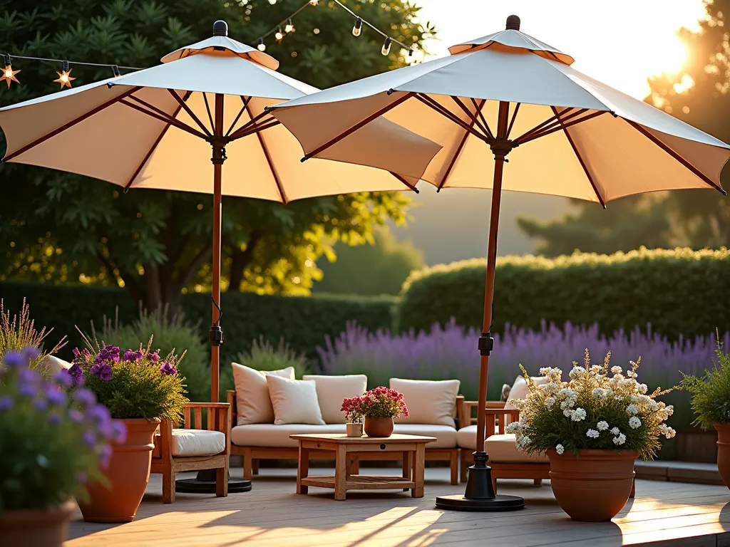 Elegant Patio Umbrella Canopy at Sunset - A serene backyard patio scene at golden hour, featuring three large cream-colored market umbrellas artfully grouped together to create an intimate shelter space. The umbrellas are anchored in decorative terracotta planters filled with cascading purple petunias and white lobelia. Warm evening sunlight filters through the umbrella canopies, casting gentle shadows on a comfortable seating arrangement below, including weathered teak furniture with plush cushions. String lights are delicately wrapped around the umbrella poles, while potted lavender and ornamental grasses sway gently in the background. Shot with a wide-angle lens to capture the full atmospheric setting, with the umbrellas creating leading lines that draw the eye through the composition. Photographic style: high-end architectural digest, soft natural lighting, shallow depth of field highlighting the textural details of the fabric canopies.