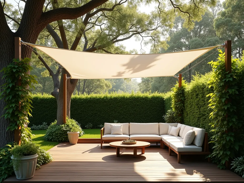 Modern Canvas Drop Cloth Canopy in Tranquil Garden - A serene late afternoon garden scene featuring a crisp white canvas drop cloth canopy elegantly suspended between mature oak trees, creating a relaxing outdoor living space. The canopy casts gentle shadows on a wooden deck below, where modern outdoor furniture creates an inviting seating area. Natural sunlight filters through the fabric, creating a soft, diffused lighting effect. Wide-angle shot capturing the entire setup with the canvas floating gracefully in a light breeze. The neutral-toned canopy complements the lush greenery surrounding the space, while climbing jasmine adorns the support posts. Professional photography with pristine clarity and natural depth, showcasing the DIY elegance of this budget-friendly garden shelter solution.